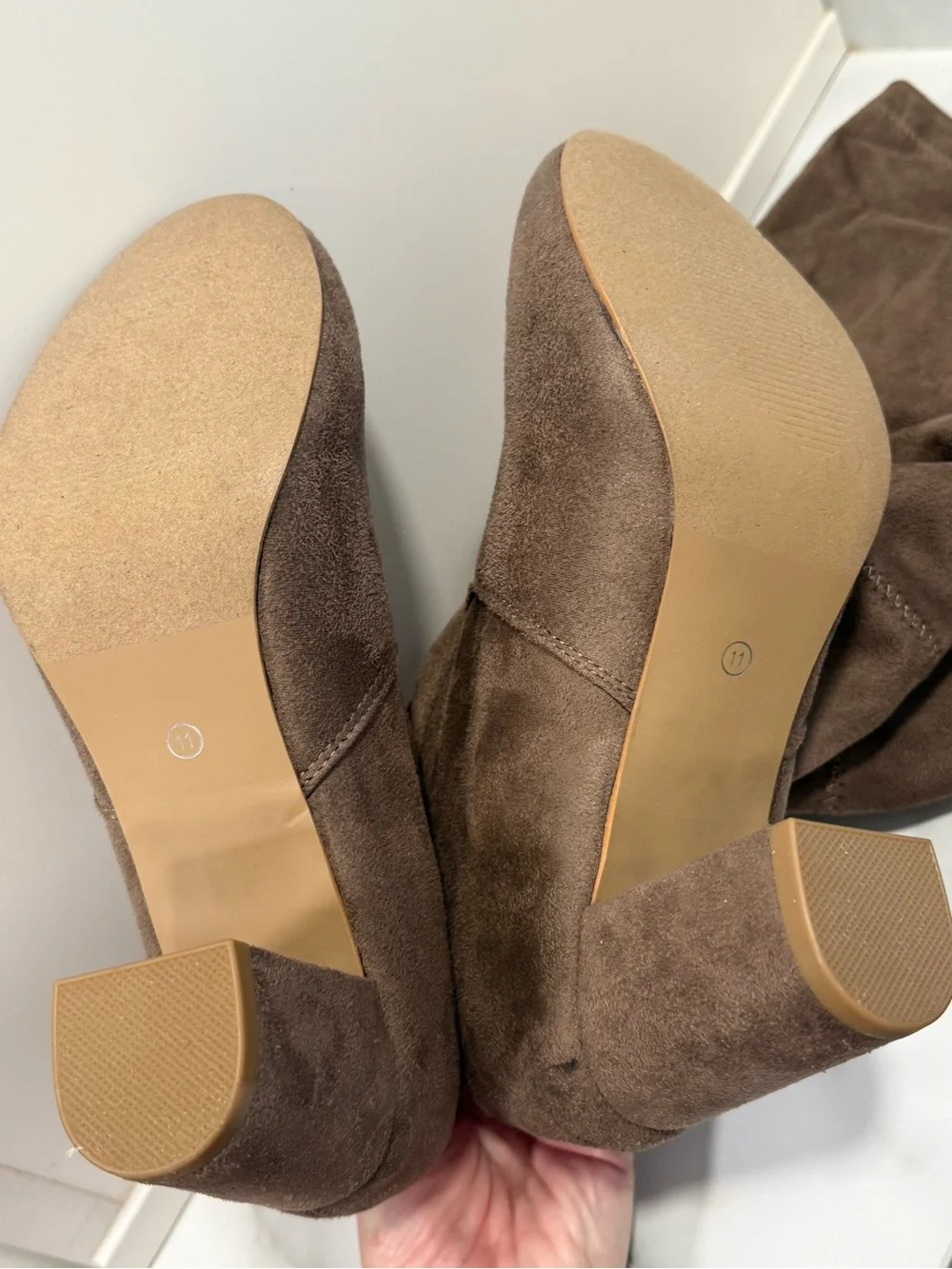 Taupe Over-the-Knee Faux Suede Low Block Heel Tie Back Boots Size 11